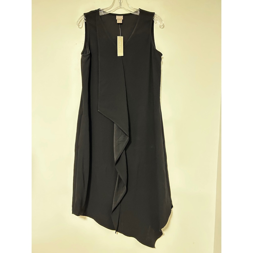 Chicos Asymmetrical Shift Dress Black V-Neck Draped Ruffle 570285097 Size 1